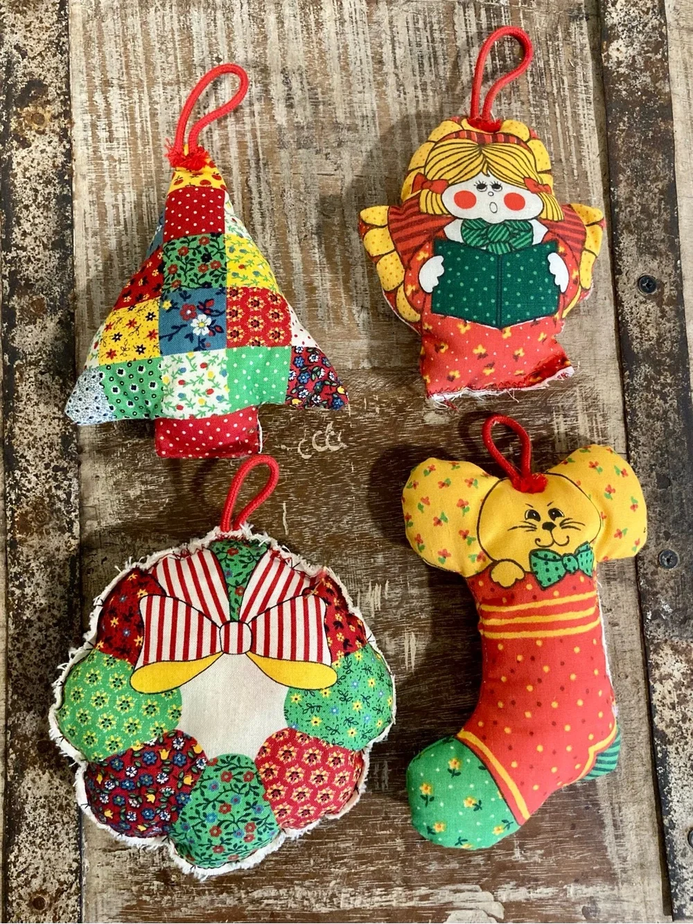 Vintage Handmade Patchwork Christmas Ornaments - Set of 4
